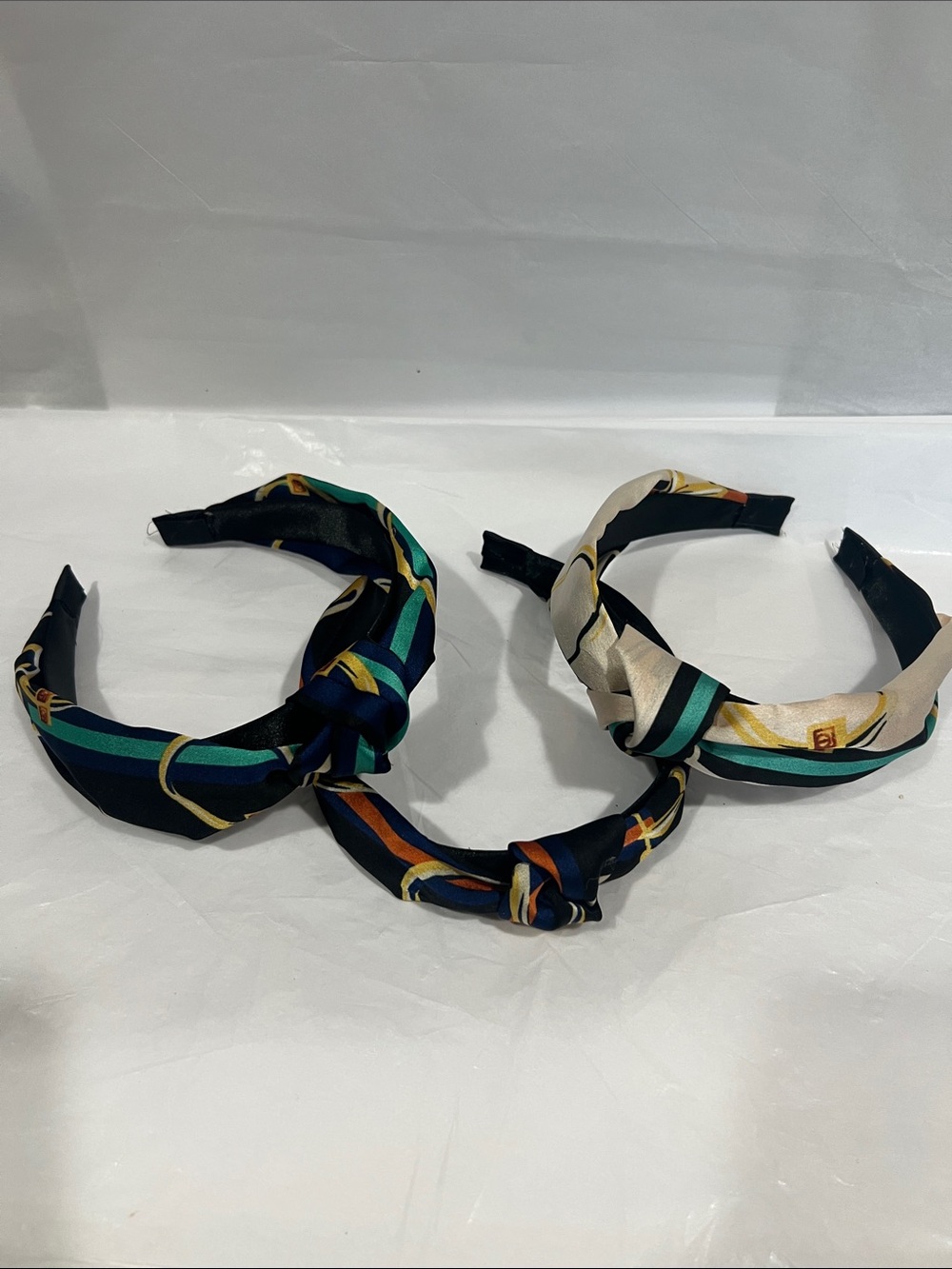 Silk-Effect Knotted Headband - Navy, Beige, Green